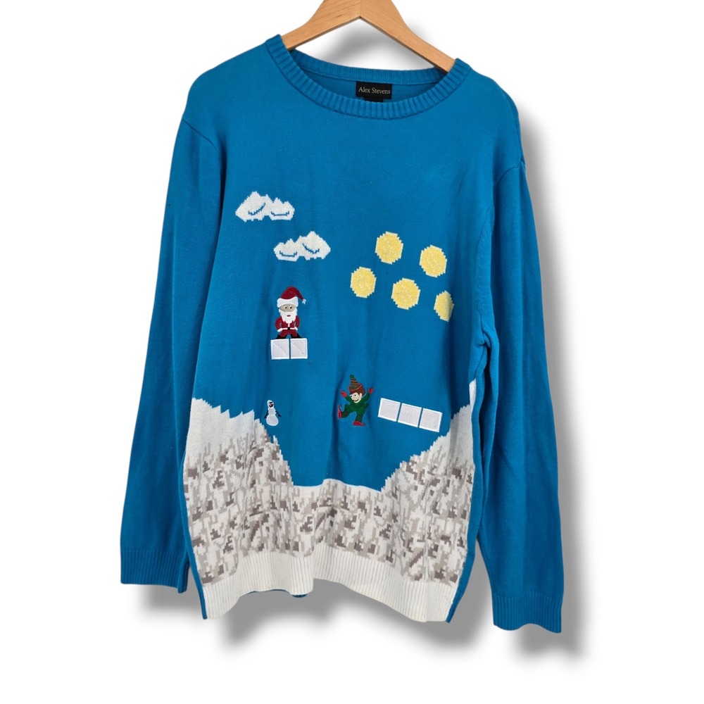 Alex Stevens Mens XXL Blue 8-Bit Video Game Santa Ugly Christmas Sweater Cotton